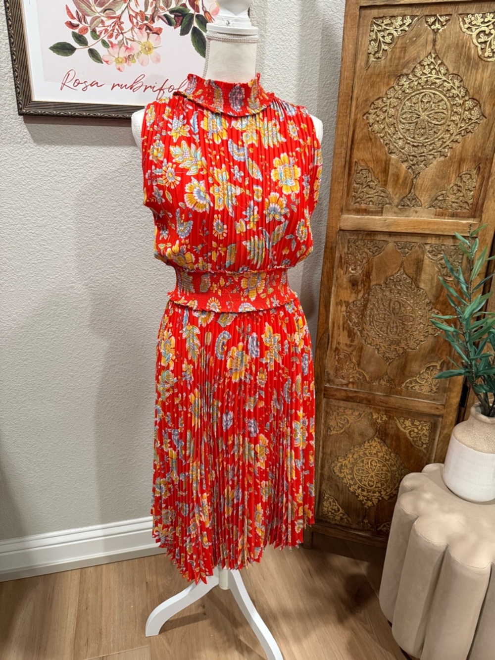 Nanette Lepore Red Floral Pleated Midi Dress